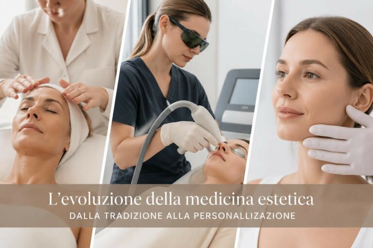 Triptych collage showing facial massage, laser treatment, and a close-up of a woman's face during cosmetic care; overlay text about evolving aesthetic medicine