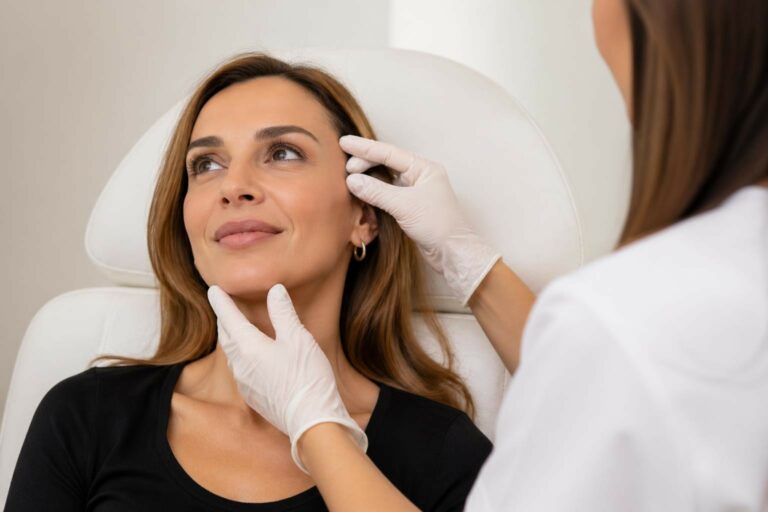 Woman seated in a clinic chair while a clinician wearing gloves touches her jaw and temple for a facial examination.