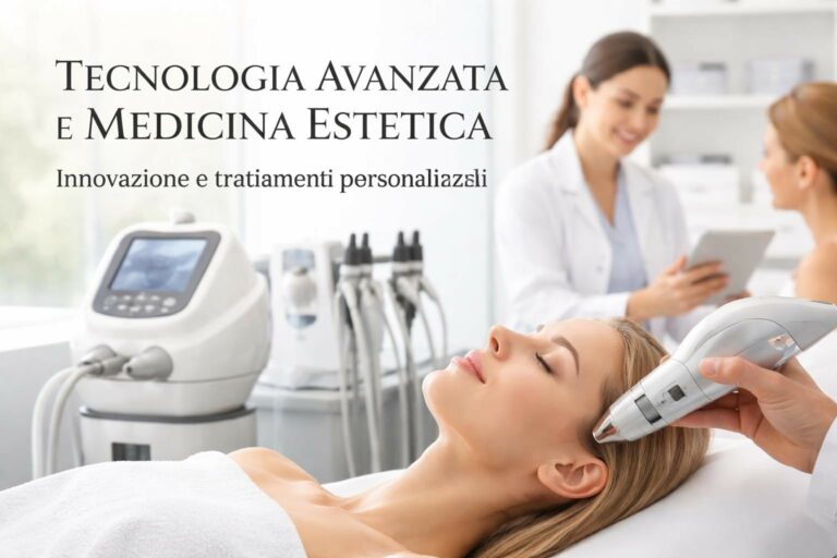 Donna distesa su lettino riceve trattamento estetico con apparecchiature avanzate; due professionisti in background.