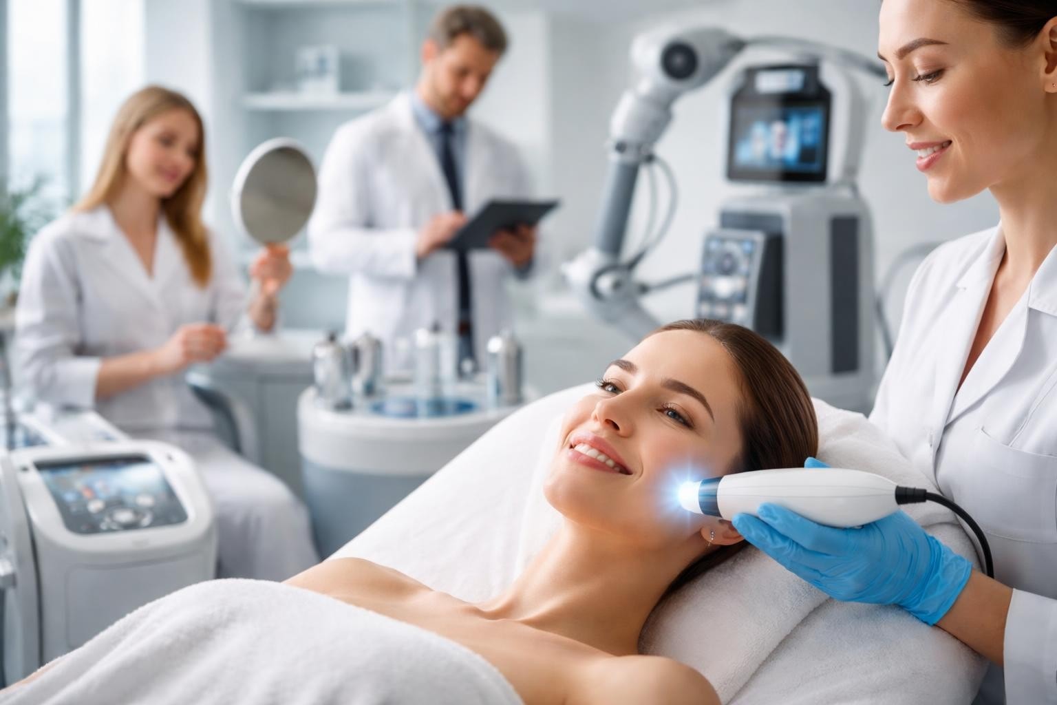 Woman lying on a treatment bed as a clinician uses a handheld laser device on her cheek in a modern clinic setting