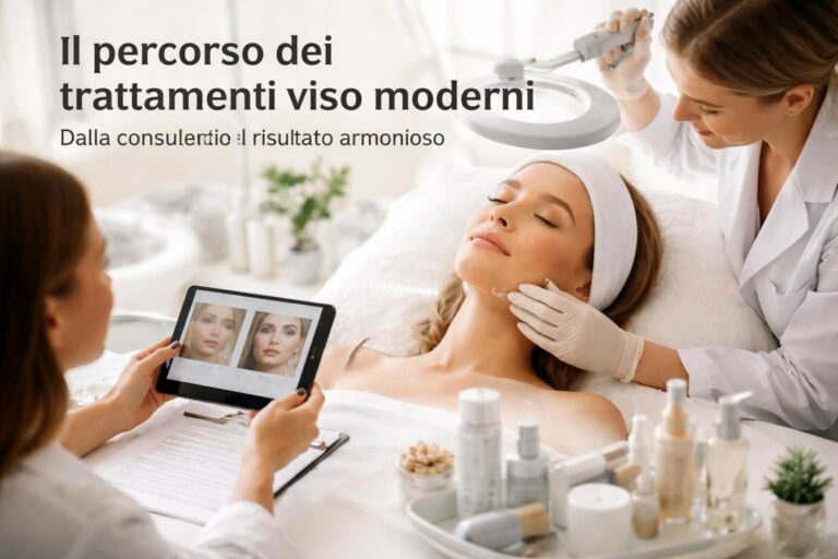 Consultation estetica: paziente rilassata mentre un’operatrice mostra foto prima/dopo su tablet durante un trattamento viso moderno.
