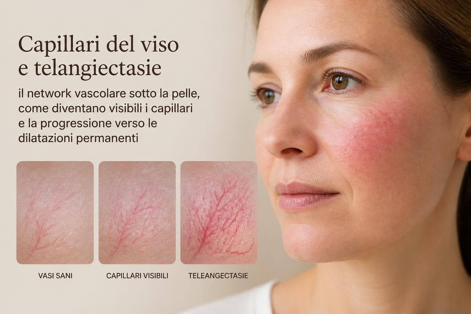 Italian dermatology infographic about facial capillaries and telangiectasia beside a woman with a reddened cheek; three close-up skin panels show healthy vessels, visible capillaries, and telangiectasia.