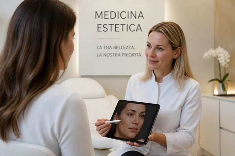 A clinician in a white coat explains a facial treatment to a client, showing a tablet with a woman's face in a bright clinic.