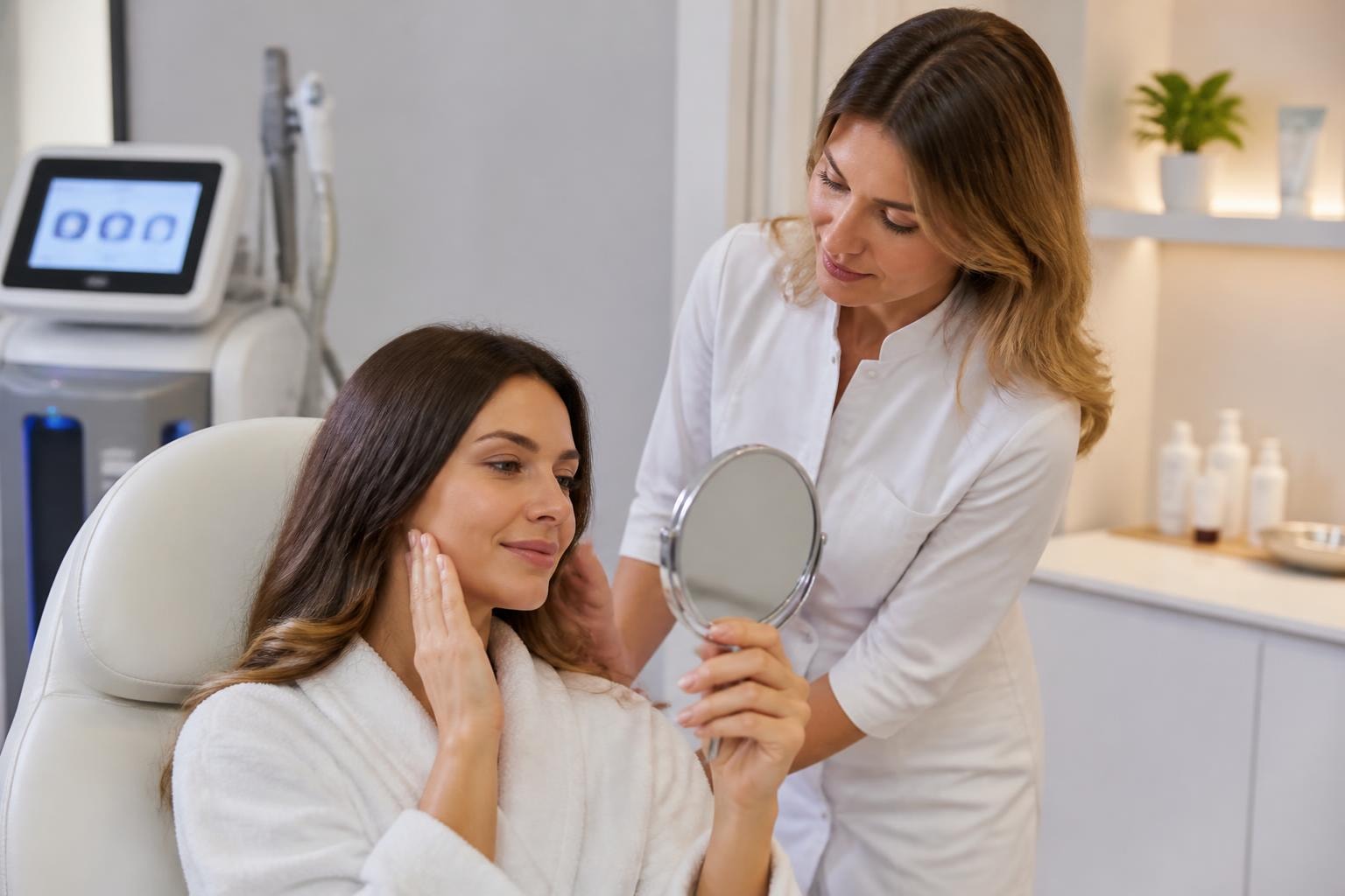 Client in a white robe sits in a treatment chair, smoothing her cheeks while a skincare clinician holds a round mirror for her to view the results in a bright clinic.