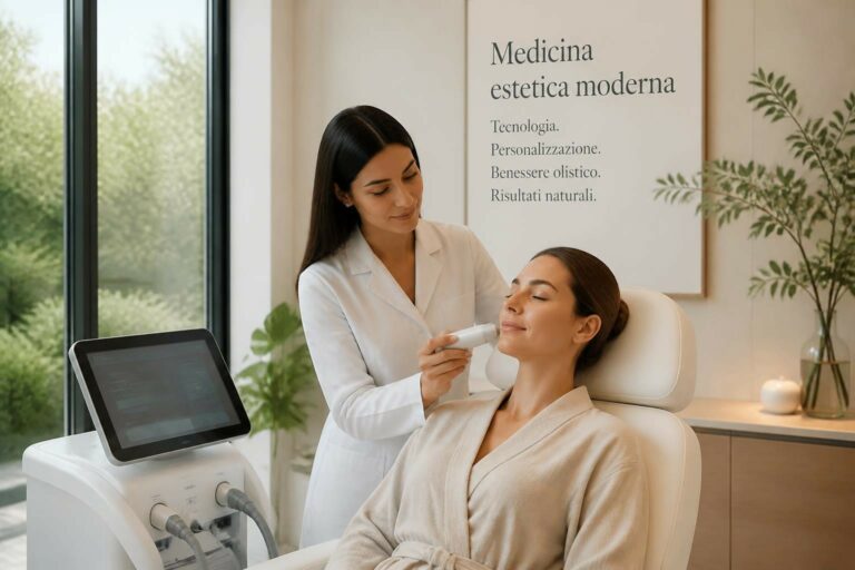 A clinician in a white coat uses a handheld device on a relaxed patient in a spa-like clinic interior.