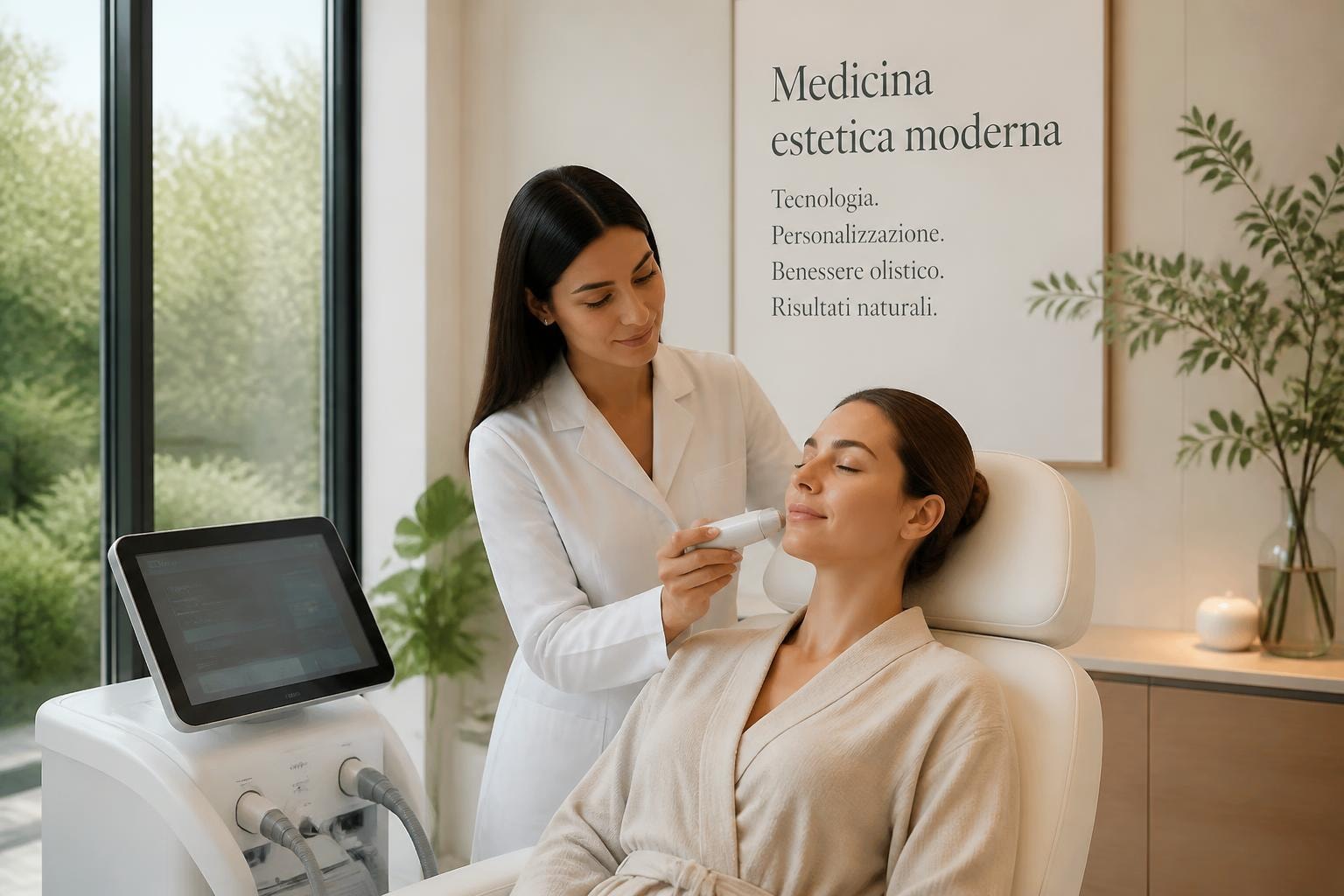 A clinician in a white coat uses a handheld device on a relaxed patient in a spa-like clinic interior.