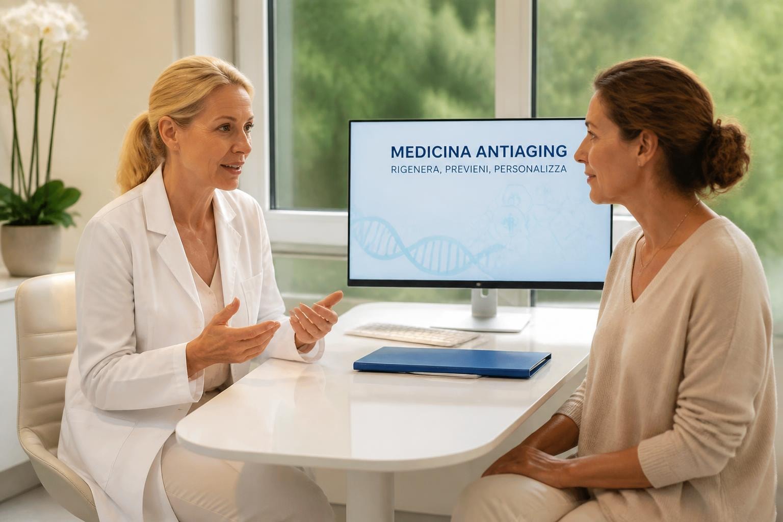 Doctor in a white coat discusses treatment options with a patient at a bright desk; monitor reads 'Medicina Antiaging' in a medical clinic.