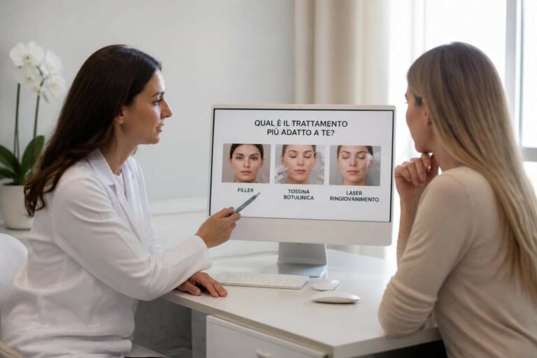 Dermatologist explains cosmetic treatments to a patient as the monitor shows three options: Filler, Tossina Botulinica, Laser Ringiovanimento.