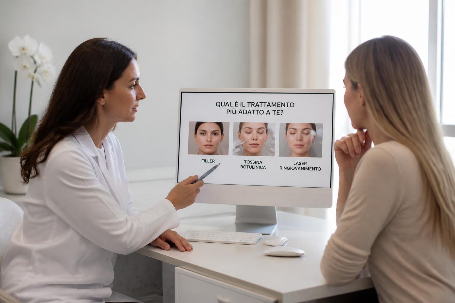 Dermatologist explains cosmetic treatments to a patient as the monitor shows three options: Filler, Tossina Botulinica, Laser Ringiovanimento.
