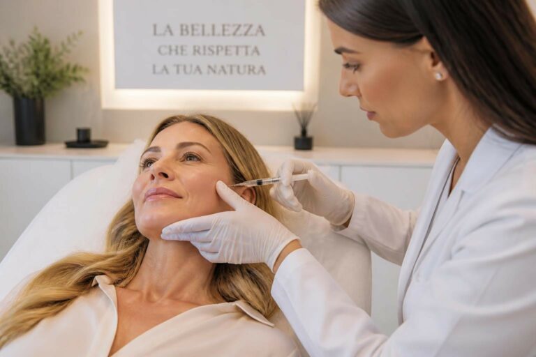 Woman receiving a facial injection from a gloved clinician in a clean clinic room.