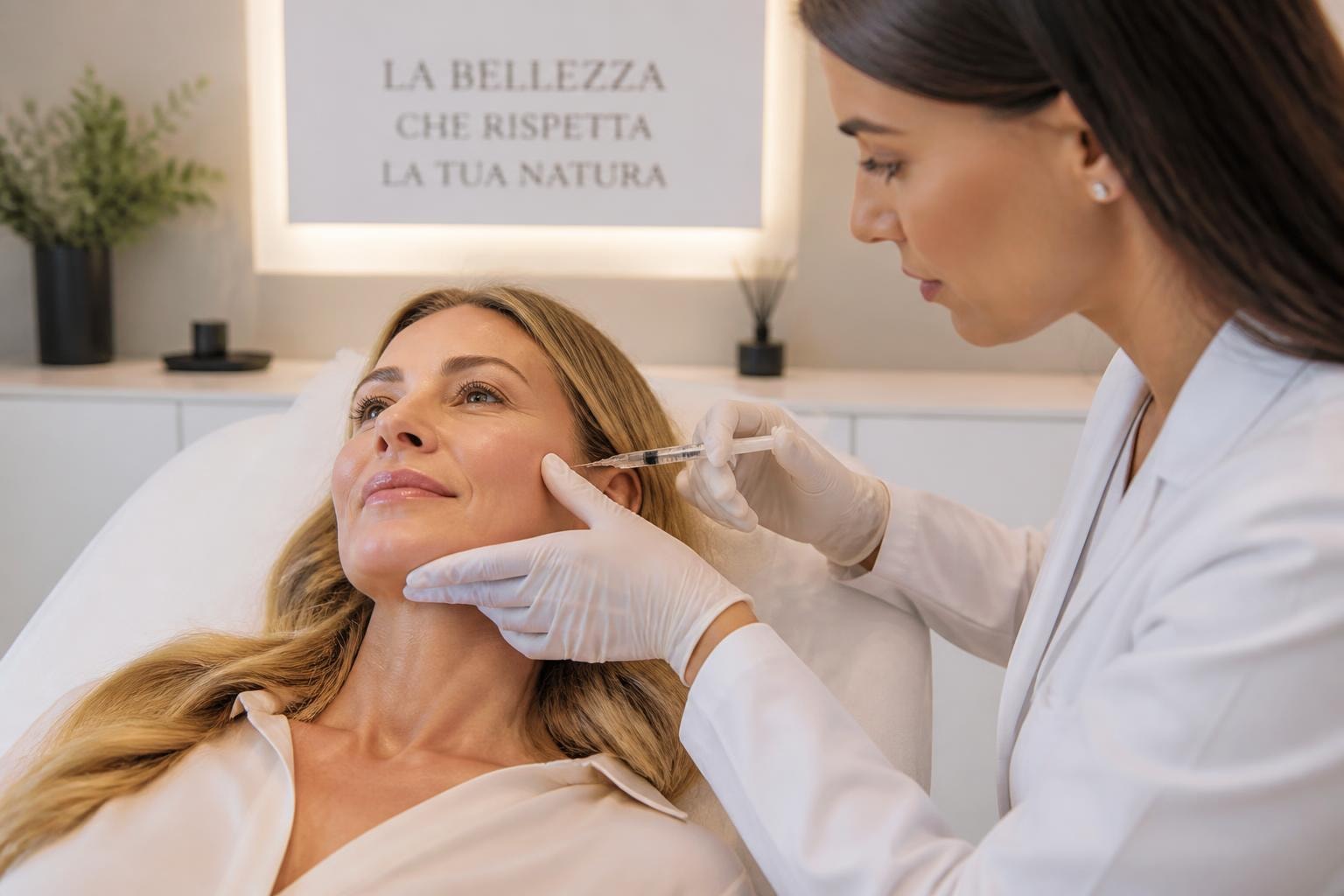 Woman receiving a facial injection from a gloved clinician in a clean clinic room.