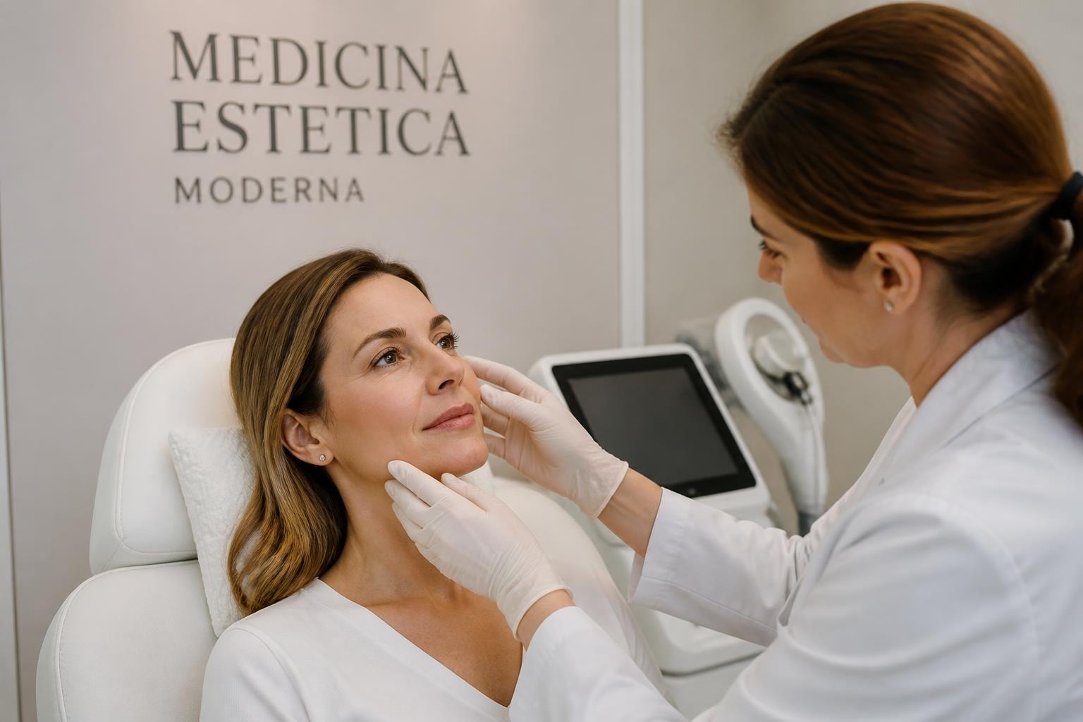A clinician in white gloves gently examines a woman's face during an aesthetic treatment in a modern clinic, sign reading 'Medicina Estetica Moderna' in the background.