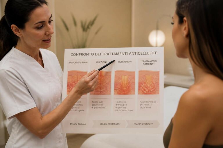 Healthcare professional explains cellulite treatment chart to patient in a clinic.