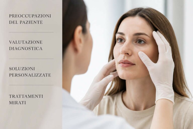 Medical professional with gloved hands examining a woman's face for a diagnostic evaluation in a clinical setting, with Italian text panel on the left.