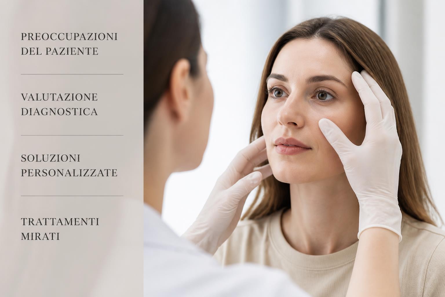 Medical professional with gloved hands examining a woman's face for a diagnostic evaluation in a clinical setting, with Italian text panel on the left.