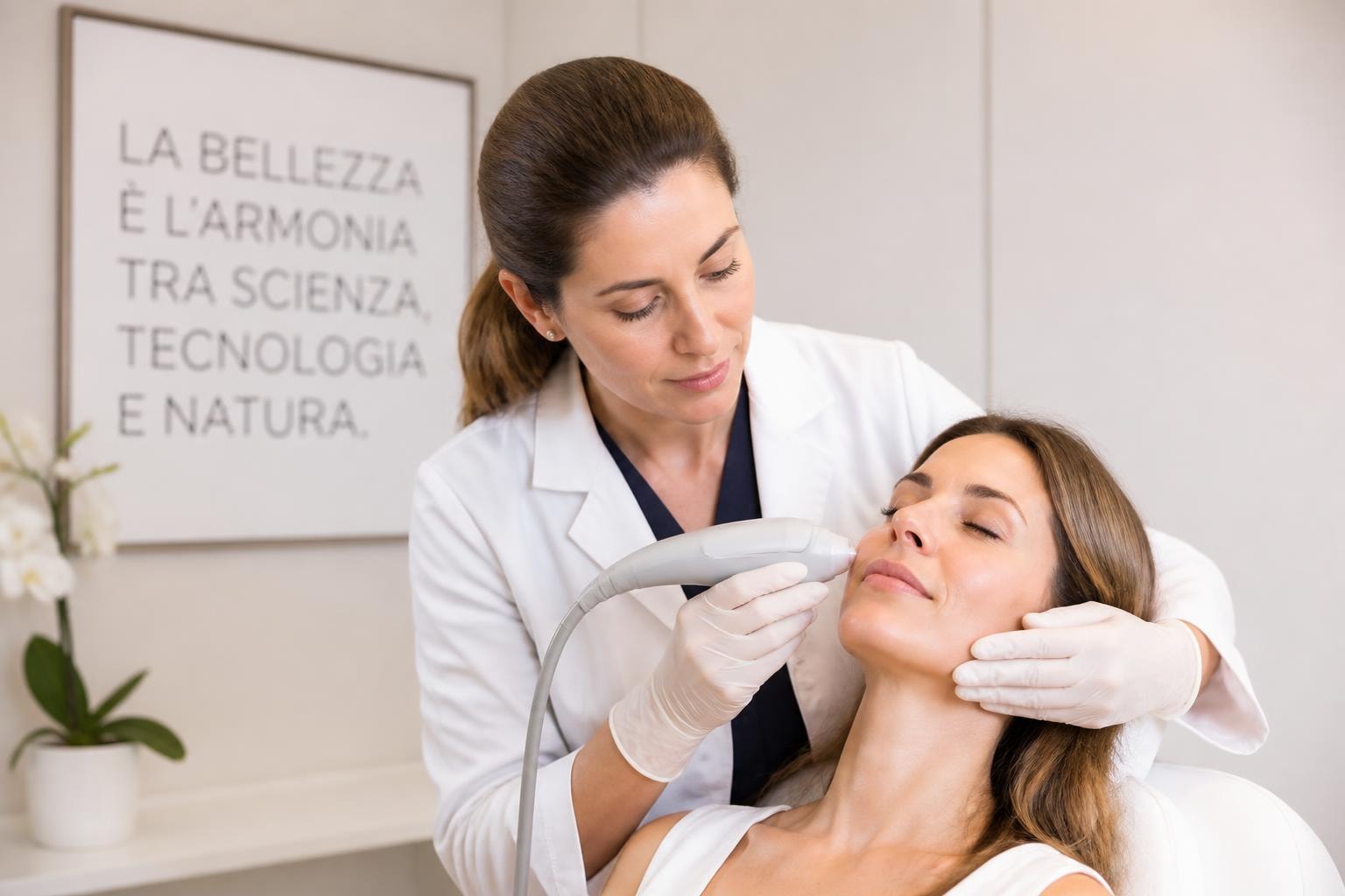 Clinician in a white coat uses a handheld facial device on a woman's cheek during a cosmetic treatment in a clinic.